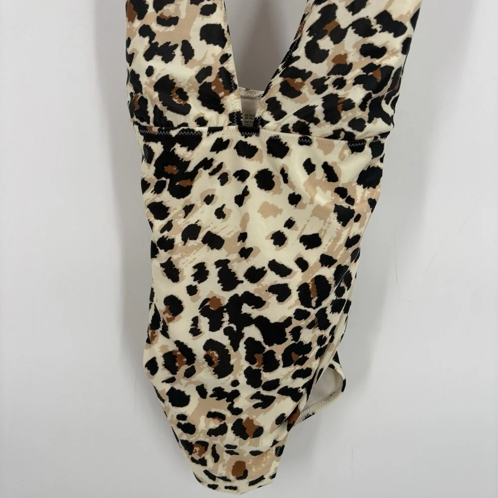 NEW Aerie Womans One Piece Swim Suit Leapord Print Deep V Plunge Size Large Long